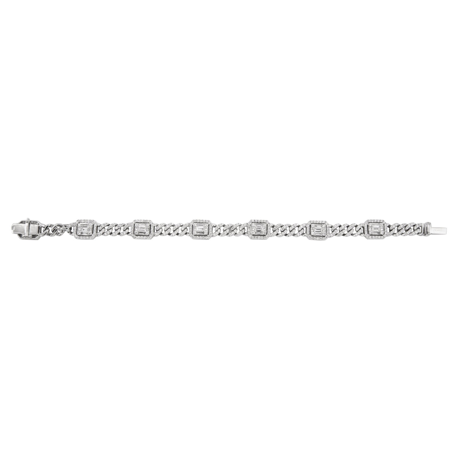 18k White Gold 3.95ct Diamond Cuban Link Bracelet: 18k White Gold 3.95ct Diamond Cuban Link Bracelet This exquisite modern Cuban link bracelet is crafted from luxurious 18k white gold, weighing 21.90 grams, and features a stunning arrangement of 385
