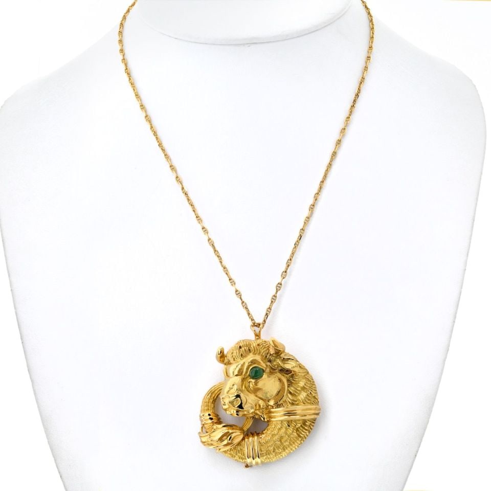 David Webb Taurus Bull Pin Pendant 18K Gold Emeralds Necklace (1 of 7)