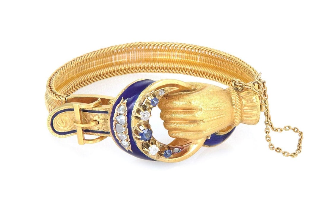 Vintage 21k Yellow Gold Bangle Bracelet Hand Buckle Rose Cut Diamond Enamel: Vintage 21k Yellow Gold Bangle Bracelet Hand Buckle Rose Cut Diamond Enamel This vintage estate bracelet features a distinctive hand belt buckle motif with enamel detailing, rose-cut diamonds, and a s