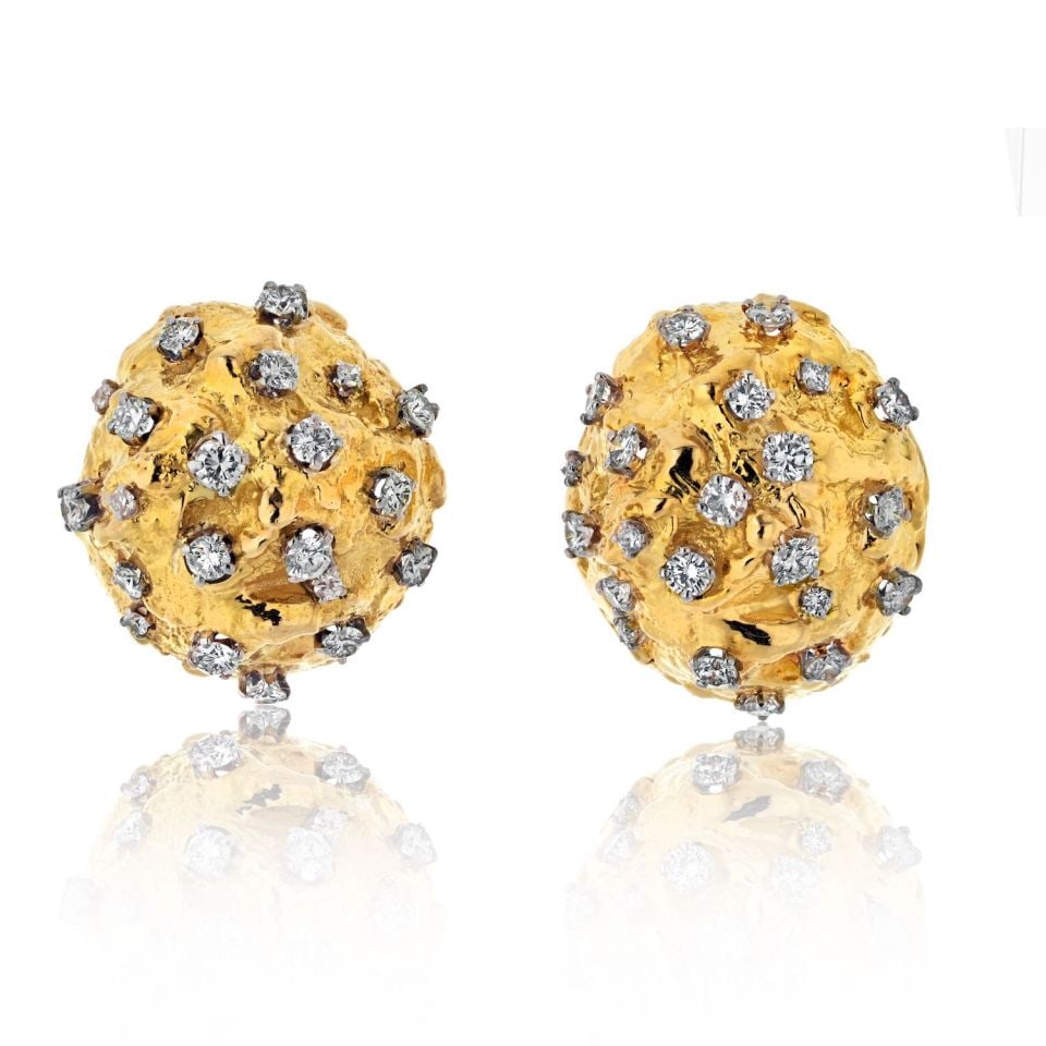 David Webb Platinum 18K Yellow Gold 3.00ct Diamond Hammered Dome Earrings: David Webb Platinum 18K Yellow Gold 3.00ct Diamond Hammered Dome Earrings Exquisite David Webb earrings crafted from a combination of platinum and 18K yellow gold. These stunning dome earrings are ado
