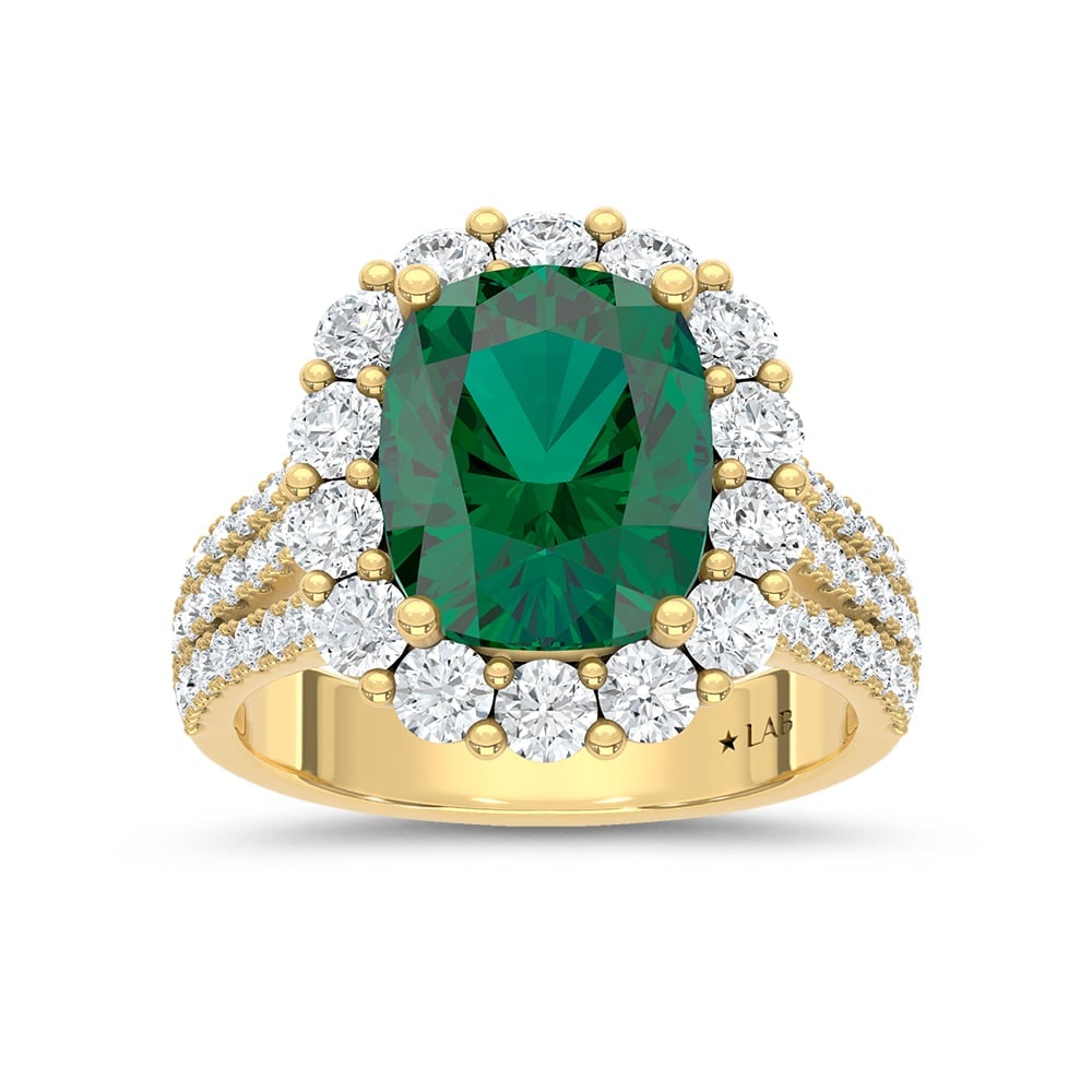 14K Yellow Gold Lab Grown Diamond 6 Ct.Tw. Cushion Shape Recrystalized Emerald Engagement Ring: 14K Yellow Gold Lab Grown Diamond 6 Ct.Tw. Cushion Shape Recrystalized Emerald Engagement Ring (Center 4 1/3 ct) Celebrate timeless elegance with this 14K yellow gold engagement ring. Its centerpiece 