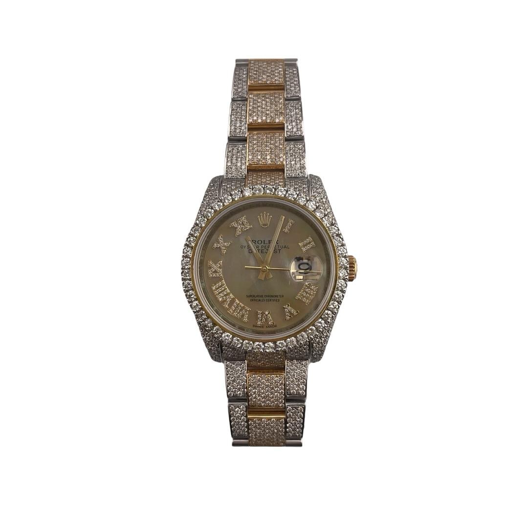 Rolex Datejust 116203 Diamond Bezel Oyster Bracelet MOP Roman Dial: Rolex Datejust 116203 Diamond Bezel Oyster Bracelet MOP Roman Dial This is a men's Rolex Datejust watch featuring a custom mother of pearl dial with Roman numerals and a diamond bezel. The timepiece i