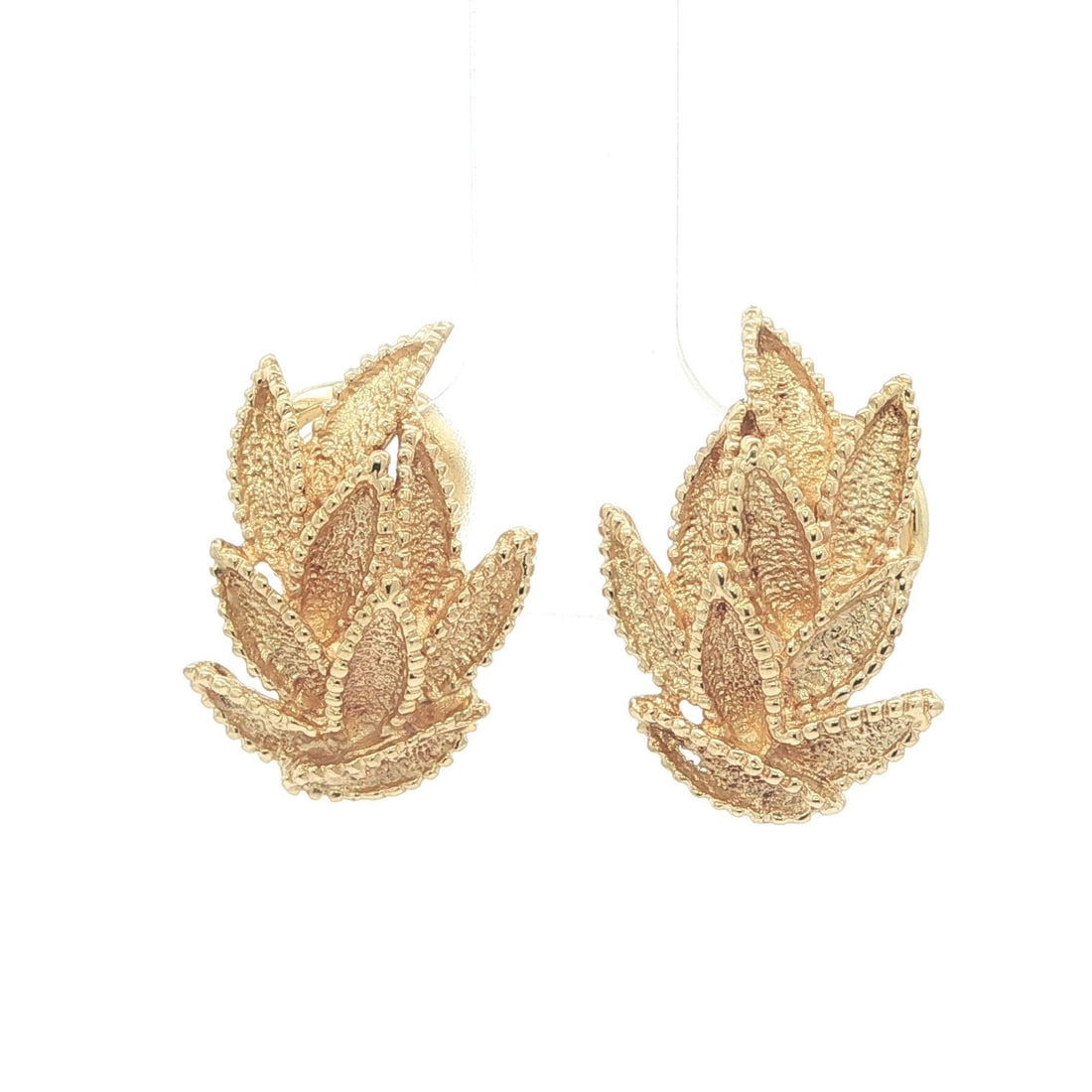 Italian 18k Yellow Gold Leaf Flame Motif Omega Stud Earrings