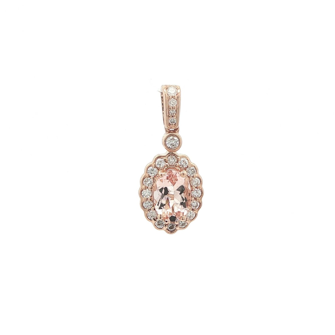 14k rose gold morganite diamond charm pendant oval frame: 14k rose gold morganite diamond charm pendant oval frame This elegant charm pendant features a natural oval brilliant cut morganite gemstone in a peachy pink hue, set in solid 14k rose gold. Surroundi