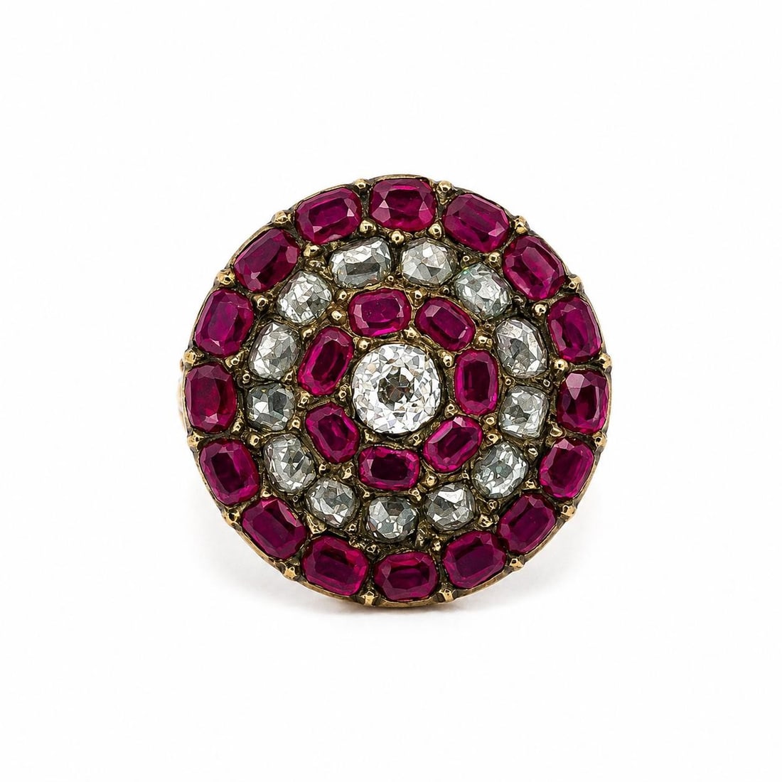 Victorian GIA Burma Ruby Diamond Target Ring 17-18k Gold Silver Top: Victorian GIA Burma Ruby Diamond Target Ring 17-18k Gold Silver Top This antique early Victorian ring features a striking target platter design with natural old mine cut rubies and diamonds. The cente