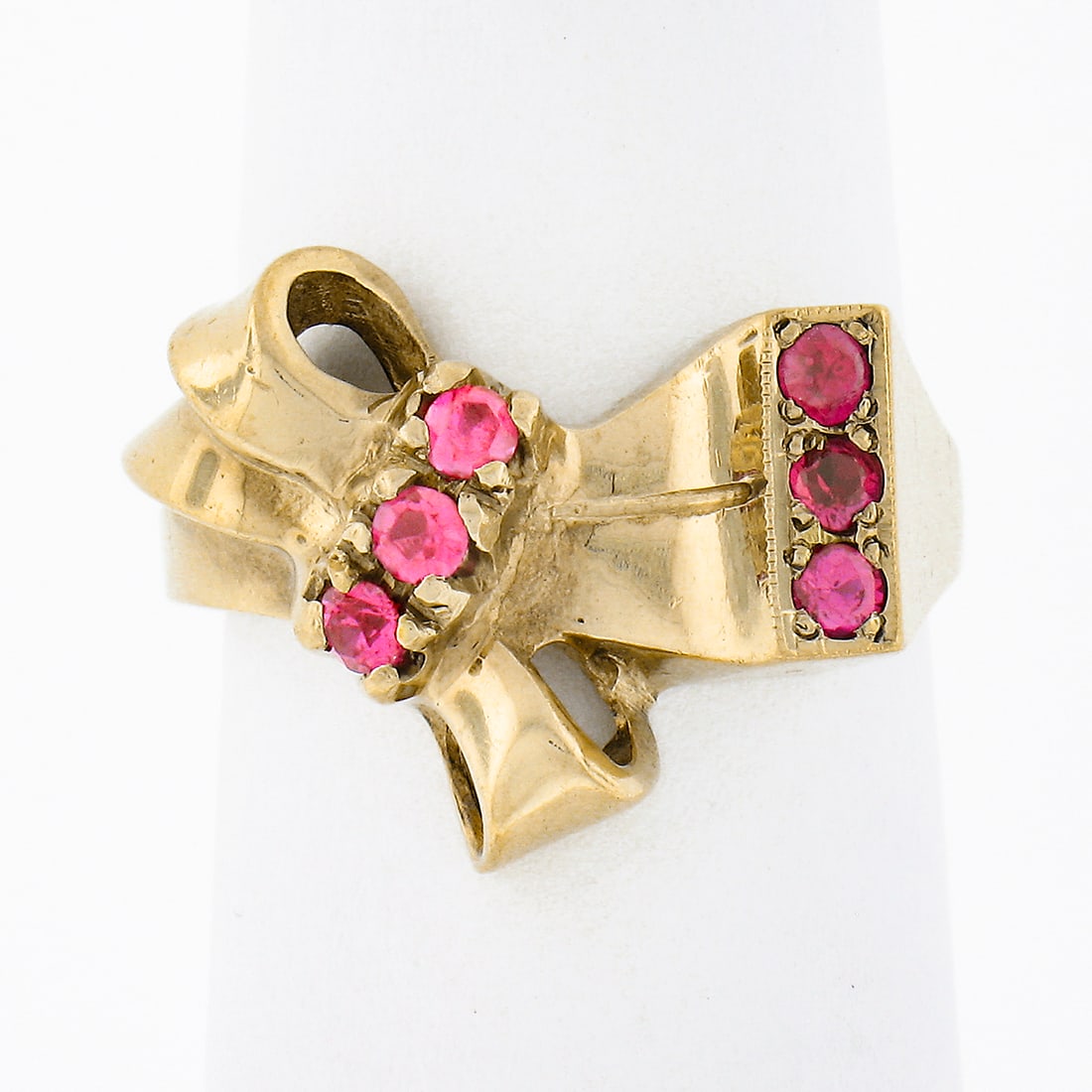 Retro Bow Ribbon Cocktail Ring 10k Yellow Gold Red Stones Size 5.5 (1 of 7)