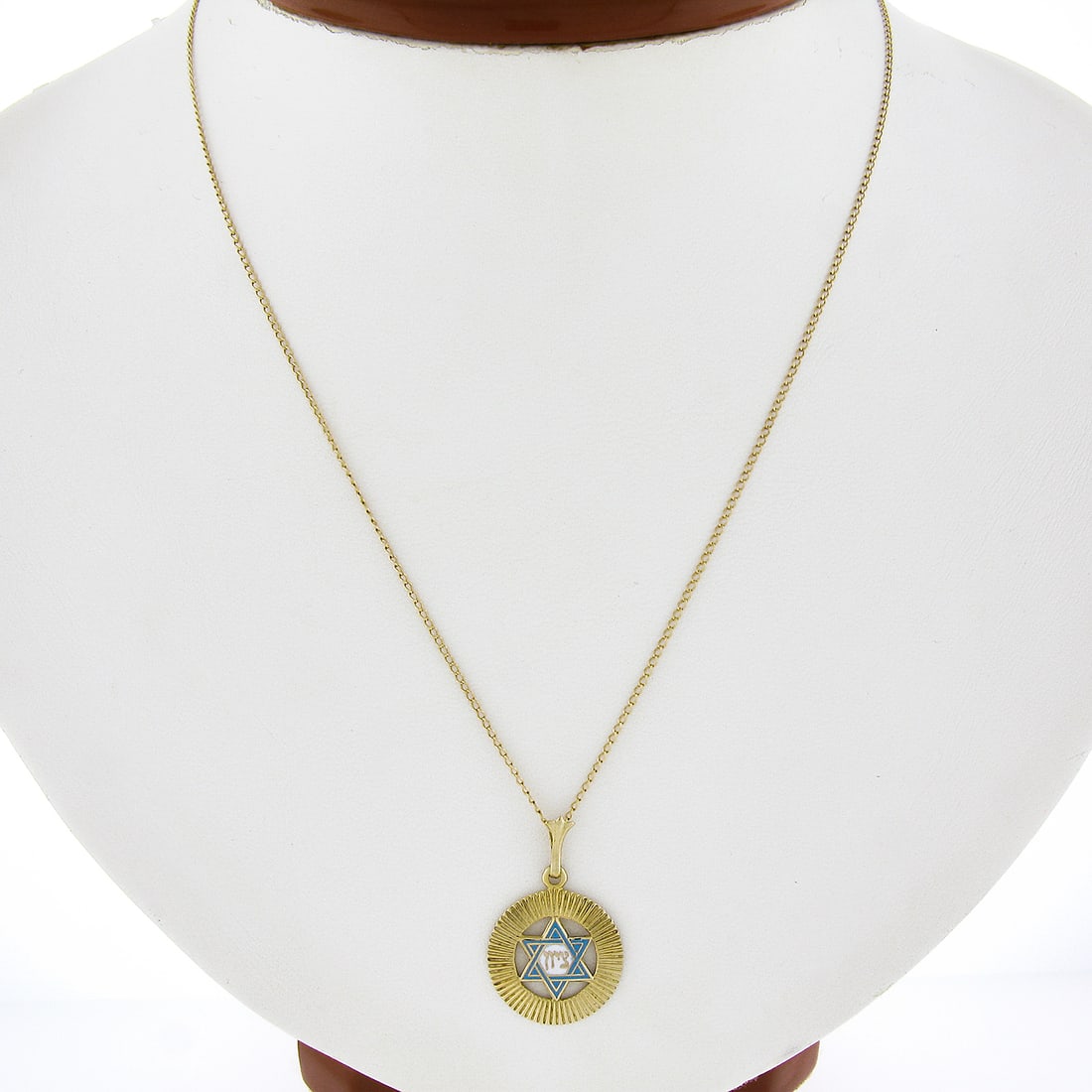 Vintage 14k Gold Star of David Blue White Enamel Pendant Necklace