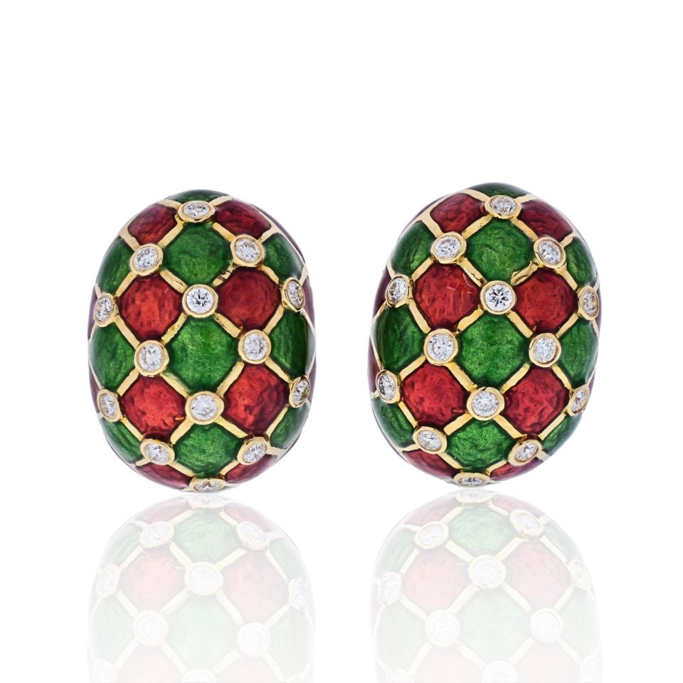 David Webb Platinum 18K Gold Enamel Diamond Earrings 2 Cts: David Webb Platinum 18K Gold Enamel Diamond Earrings 2 Cts These exquisite David Webb earrings showcase a stunning combination of platinum and 18K yellow gold, adorned with vibrant green and red ename