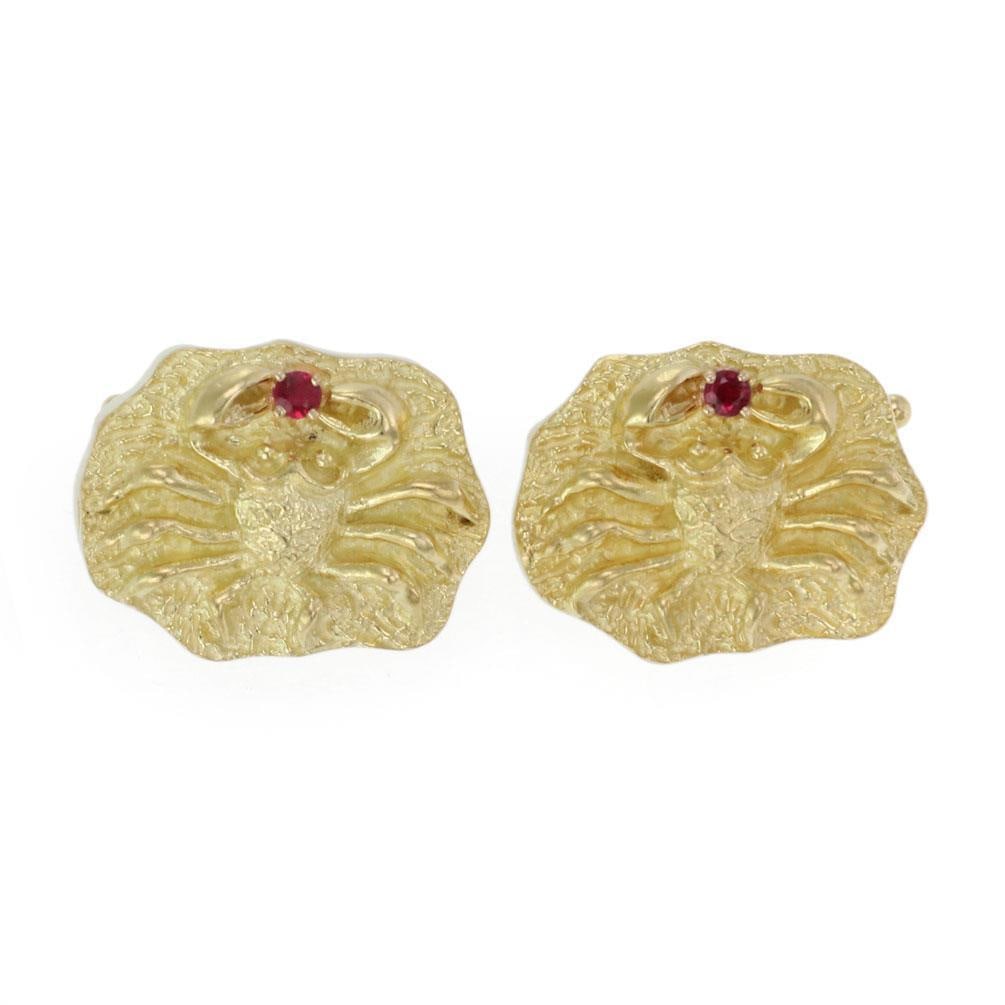 Henry Dunay 18k Yellow Gold Crab Cufflinks with Ruby Zodiac Cancer: Henry Dunay 18k Yellow Gold Crab Cufflinks with Ruby Zodiac Cancer Elevate your style with this stunning pair of cufflinks by Henry Dunay, expertly crafted from 18k yellow gold. The design features a 