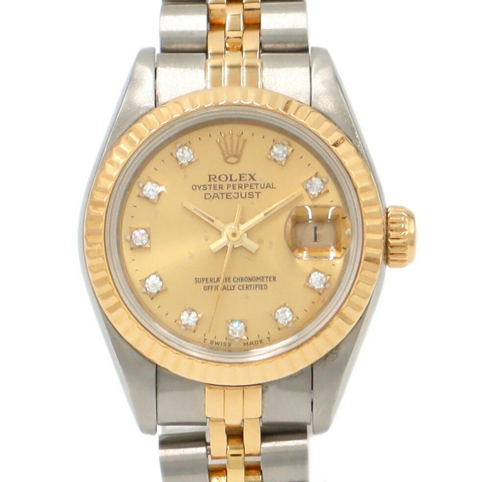 Rolex Ladies Datejust 69173G E Serial Diamond Dial Wristwatch: Rolex Ladies Datejust 69173G E Serial Diamond Dial Wristwatch This is a pre-owned ROLEX Datejust 69173G ladies' wristwatch featuring a 10-diamond dial. Crafted in Switzerland, this elegant timepiece i