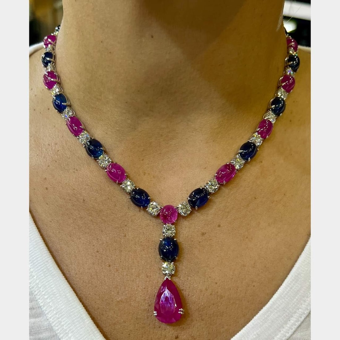 GIA Certified 18K White Gold Pink Sapphire Diamond Ruby Necklace