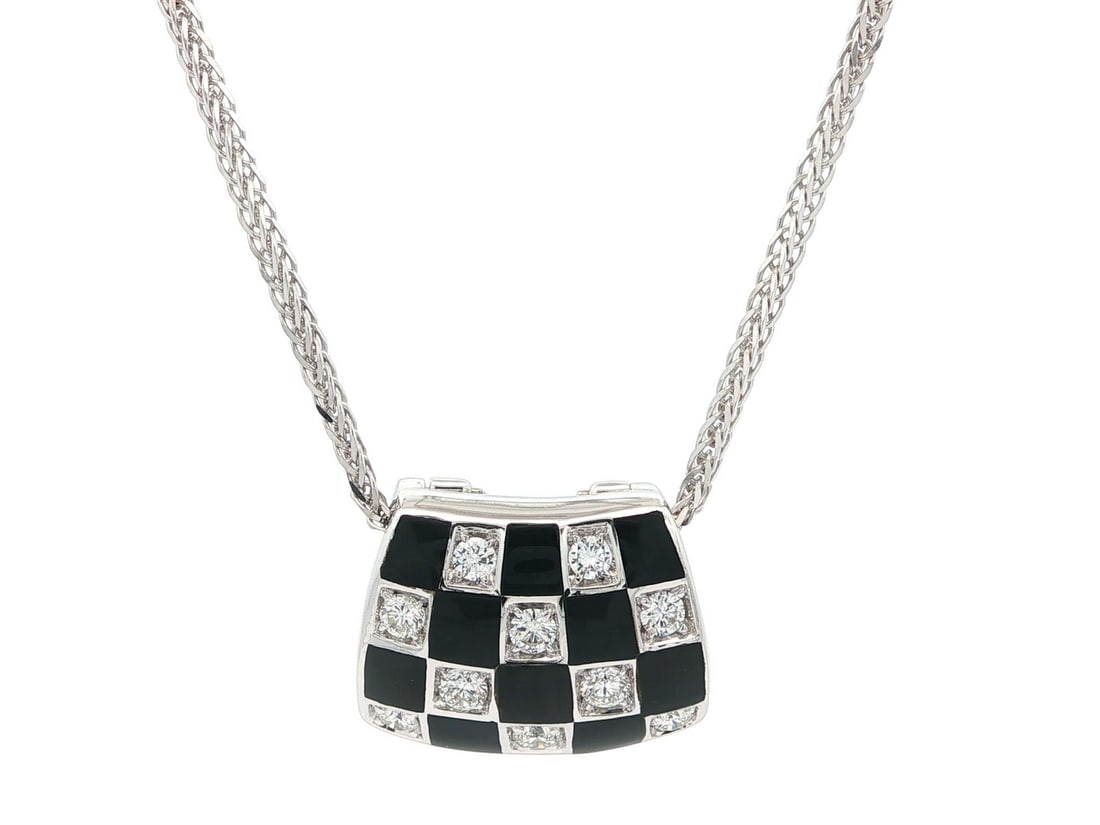 Craig Drake White Gold Onyx Diamond Checkerboard Pendant Necklace: Craig Drake White Gold Onyx Diamond Checkerboard Pendant Necklace Discover the elegance of this Craig Drake White Gold Black Onyx & Diamond Checkerboard Slide Pendant Necklace. Crafted from solid 17-1
