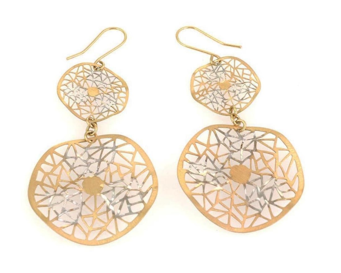 14k Gold Double Circle Web Dangle Earrings by Giordana Castellan: 14k Gold Double Circle Web Dangle Earrings by Giordana Castellan These Giordana Castellan dangle earrings are crafted in 14k yellow gold with an openwork double circle web motif and wave-form design. 
