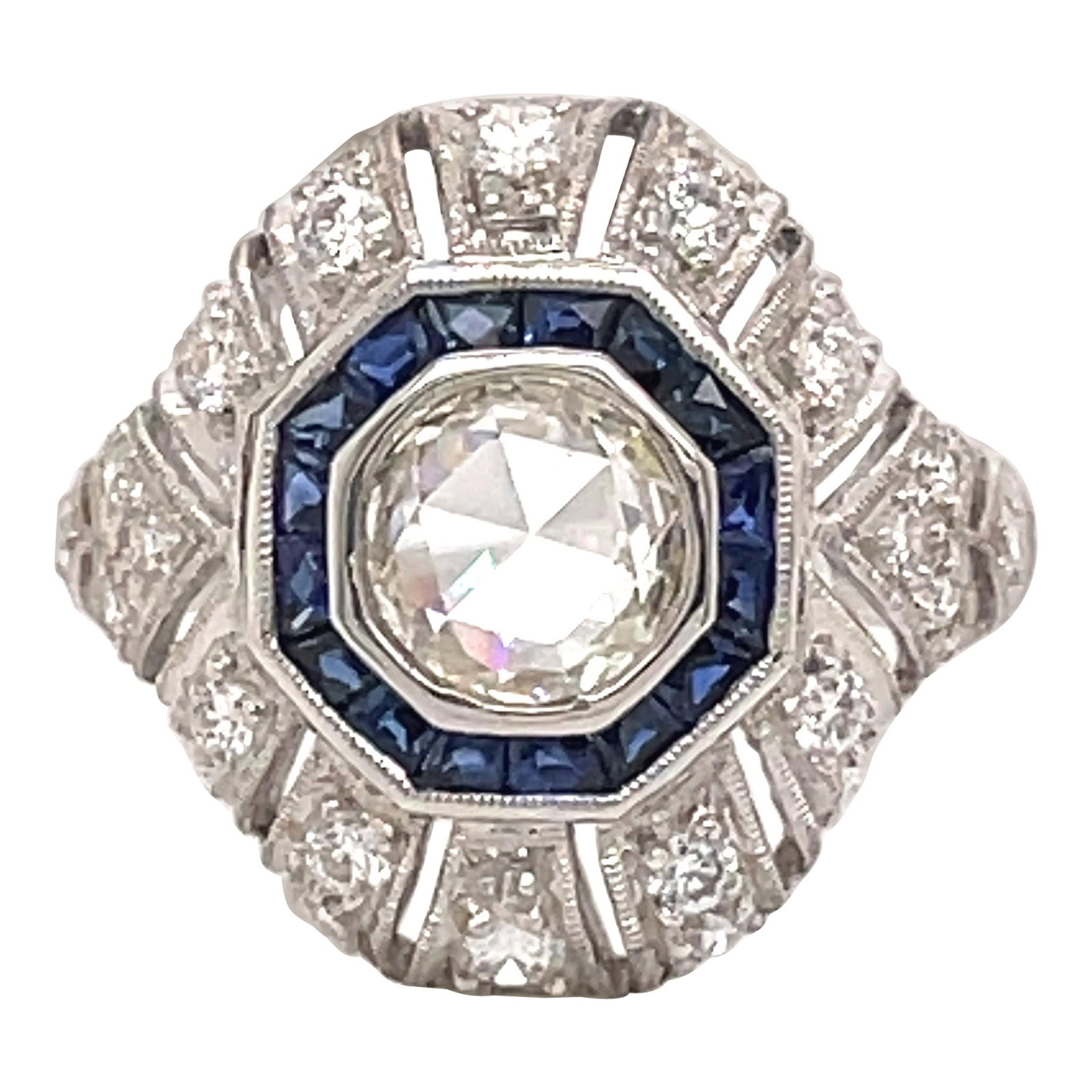 Art Deco 1ct Rose Cut Diamond Sapphire Ring 18k White Gold GIA Appraisal: Art Deco 1ct Rose Cut Diamond Sapphire Ring 18k White Gold GIA Appraisal This exquisite Art Deco style ring features a stunning 1.00 ct rose cut diamond at its center, surrounded by 1.00 ct of heat-tr