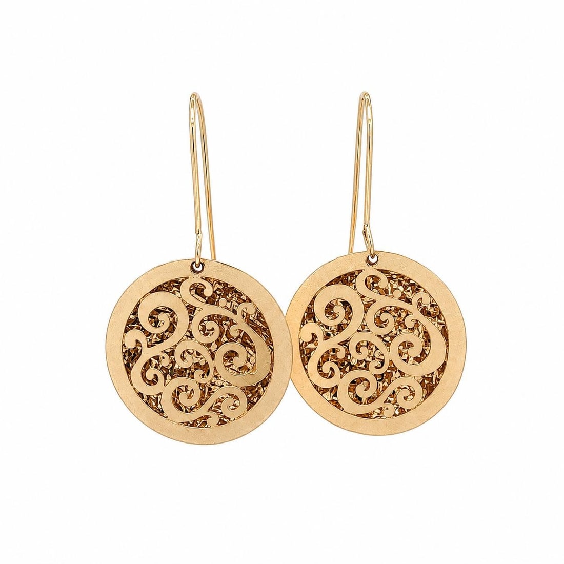 Unbranded 14k Yellow Gold Round Openwork Dangle Earrings: Unbranded 14k Yellow Gold Round Openwork Dangle Earrings Pair of open ornate cut-out round dangle drop earrings crafted in solid 14k yellow gold. Designed for pierced ears, they feature a long wire ho