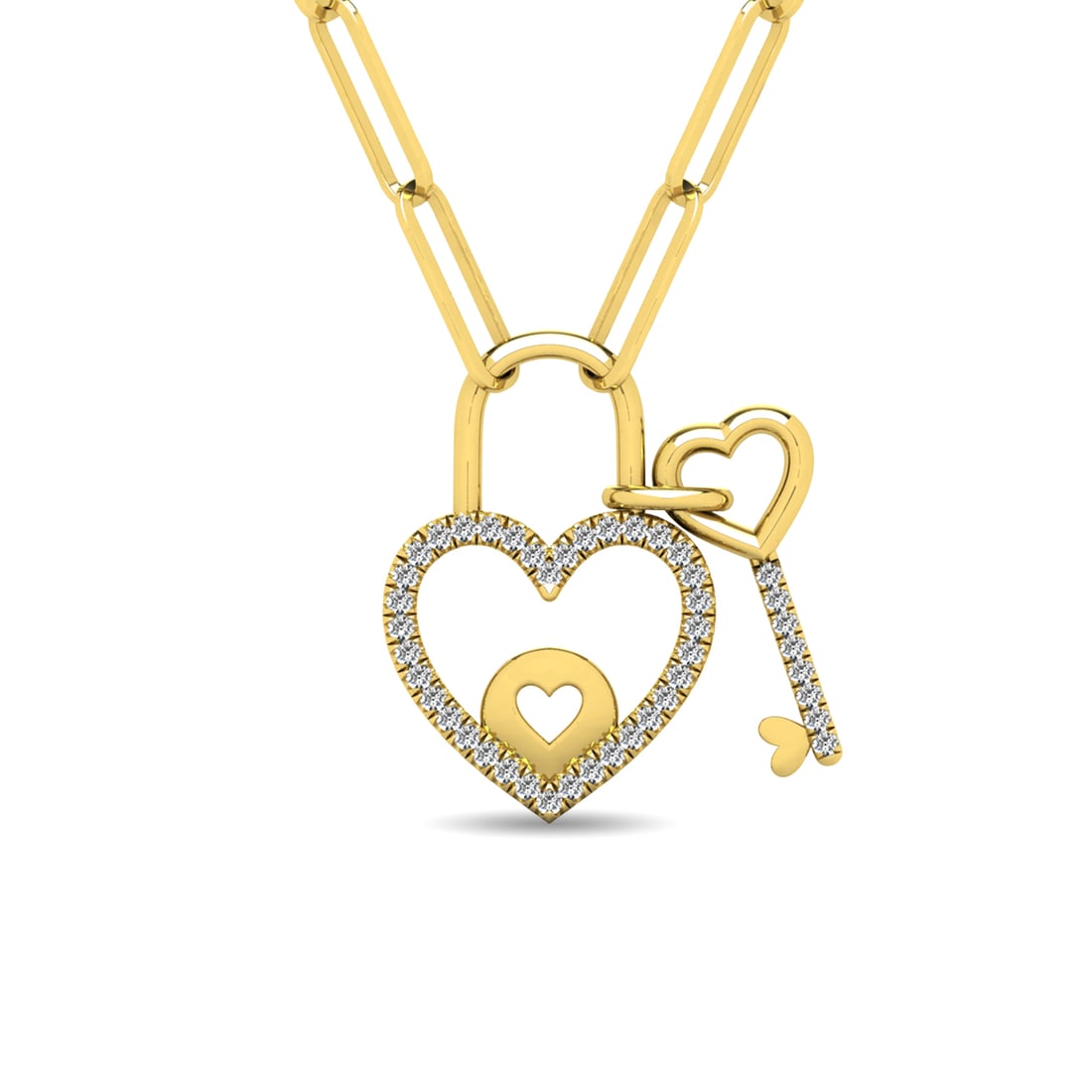 Diamond 1/6 Ct.Tw. Lock and Key Pendant in 10K Yellow Gold: Diamond 1/6 Ct.Tw. Lock and Key Pendant in 10K Yellow Gold 10k Yellow Gold Stone Color: H-i Stone Clarity: I1 Unless otherwise specified, pendants that include a chain are paired with our standard 18-