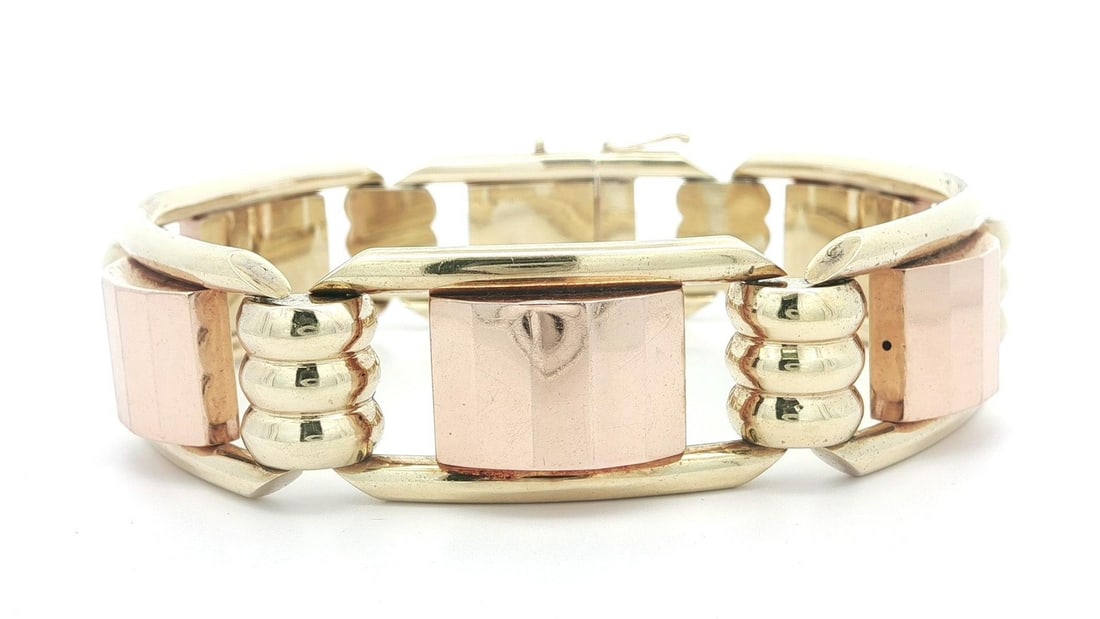 Vintage 14k Yellow Rose Gold Geometric Link Bracelet 7.25 in: Vintage 14k Yellow Rose Gold Geometric Link Bracelet 7.25 in Discover the elegance of this vintage retro bracelet, featuring a unique design crafted from solid 14k yellow and rose gold. The bracelet s