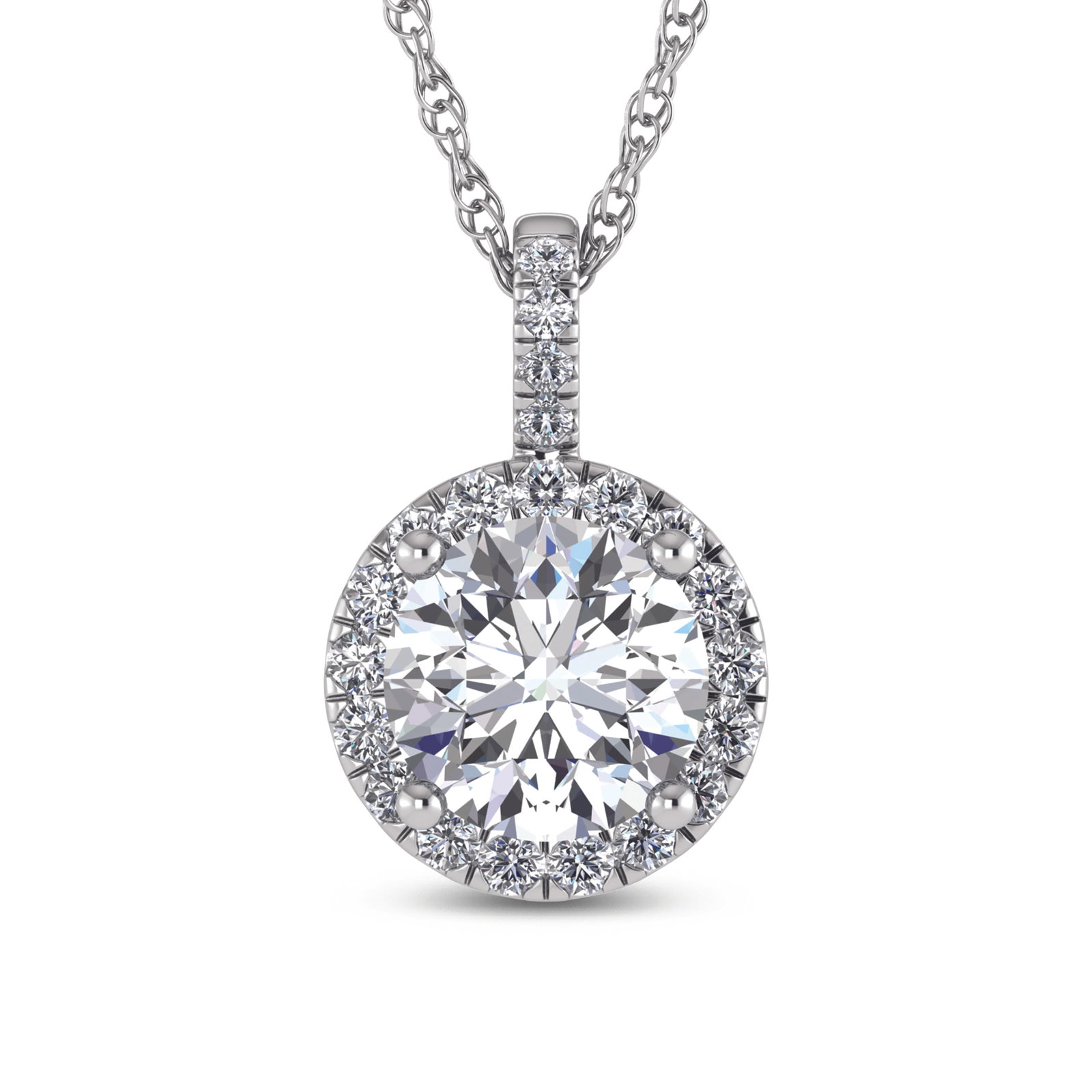 14K White Gold Lab Grown Diamond 2 1/2 Ct.Tw. Fashion Pendant (Round Center 2 ct): 14K White Gold Lab Grown Diamond 2 1/2 Ct.Tw. Fashion Pendant (Round Center 2 ct) This luxurious 14K white gold fashion pendant highlights a 2 CT round center diamond with total lab-grown diamond weig