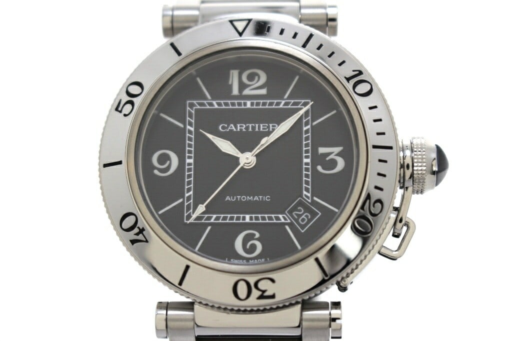 Cartier Pasha Sea Timer Automatic Men's Stainless Steel Watch Black Dial: Cartier Pasha Sea Timer Automatic Men's Stainless Steel Watch Black Dial This Cartier Pasha Sea Timer W31077M7 is a men's wristwatch crafted from stainless steel with a black dial. Featuring automatic