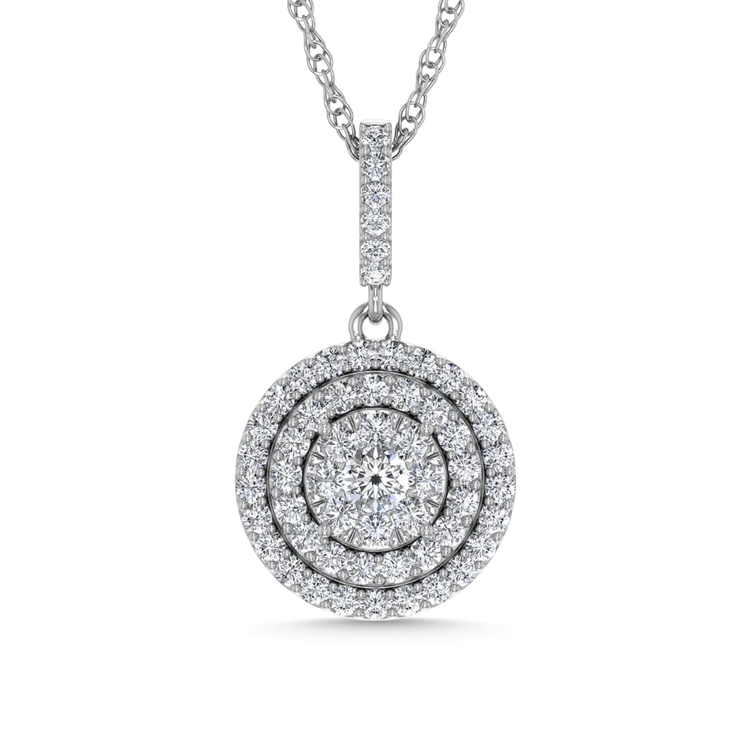 Diamond 3/4 Ct.Tw. Fashion Pendant in 14K White Gold: Diamond 3/4 Ct.Tw. Fashion Pendant in 14K White Gold 14k White Gold Stone Color: G-h Stone Clarity: I1 Unless otherwise specified, pendants that include a chain are paired with our standard 18-inch le