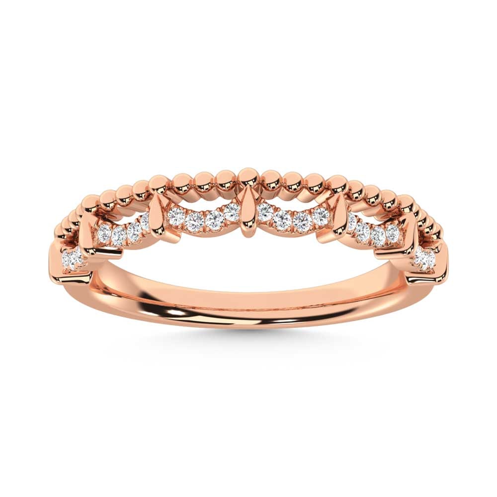 10K Rose Gold Diamond 1/10 Ct. Tw. Stackable Band: 10K Rose Gold Diamond 1/10 Ct. Tw. Stackable Band 10k Rose Gold Stone Color: G-h Stone Clarity: Bi2 Each ring is presented in standard size 6.5. Complimentary resizing is available between sizes 510 (