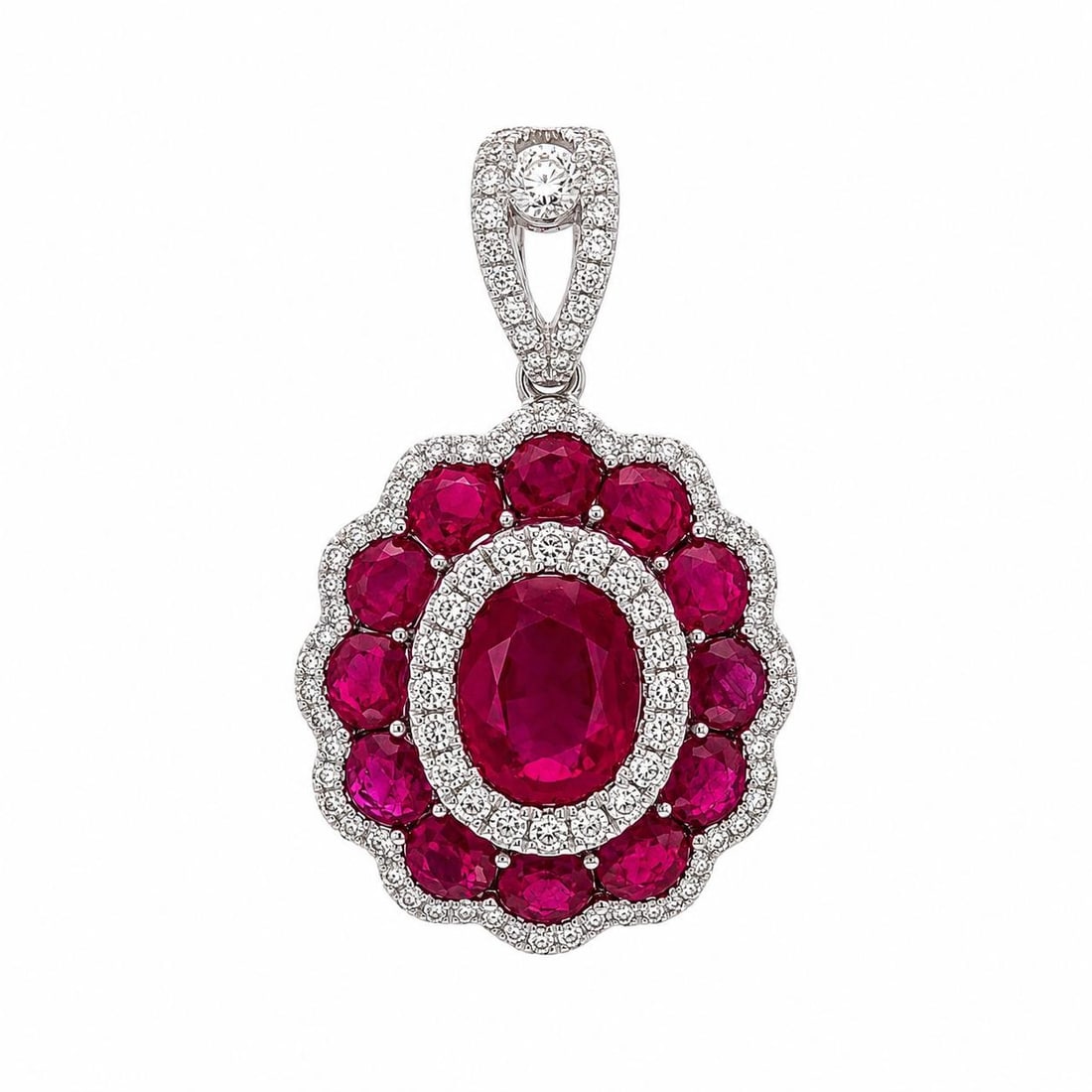 Scalloped Flower Ruby Diamond Pendant in 18k White Gold 3.22ctw (1 of 11)