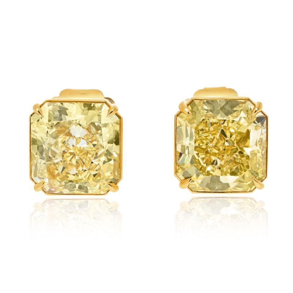 GIA Certified Fancy Yellow Radiant Diamond Stud Earrings 18K Gold 14.3cttw (1 of 4)