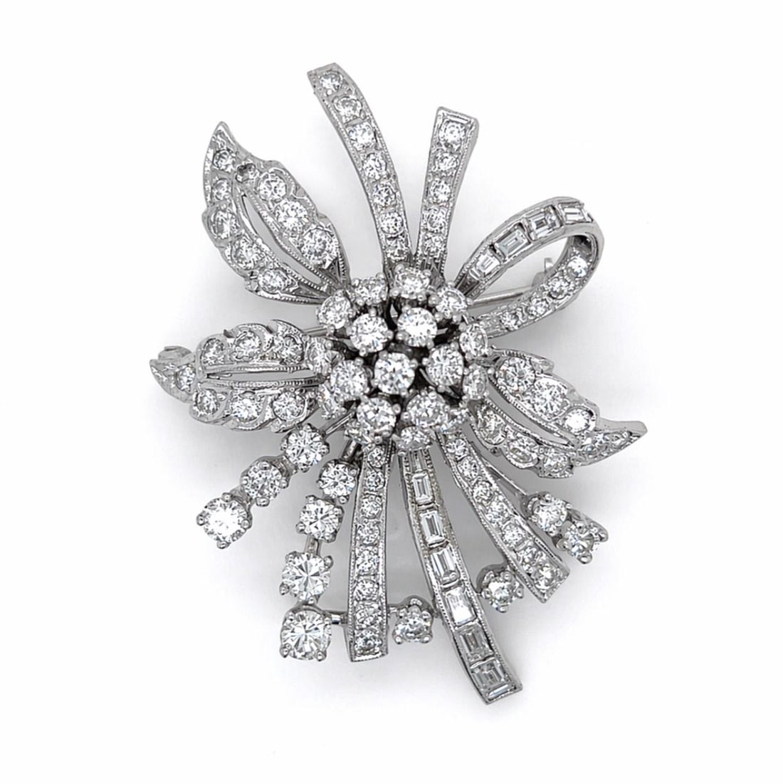 Platinum Art Deco Brooch with 4.60 Carat Diamonds 2 Inch