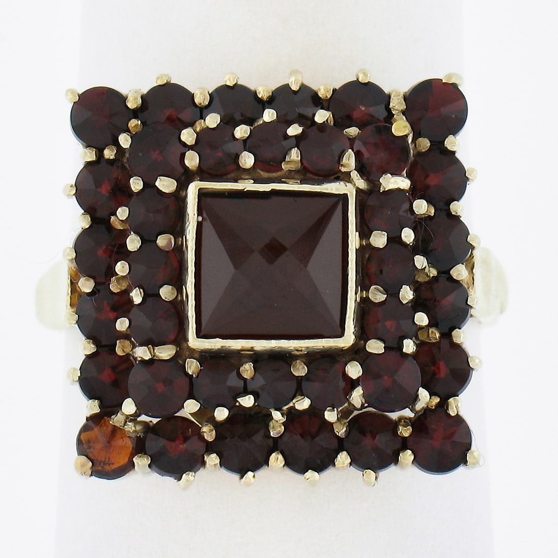 Vintage 14K Yellow Gold Garnet Cocktail Ring Square Platter Design
