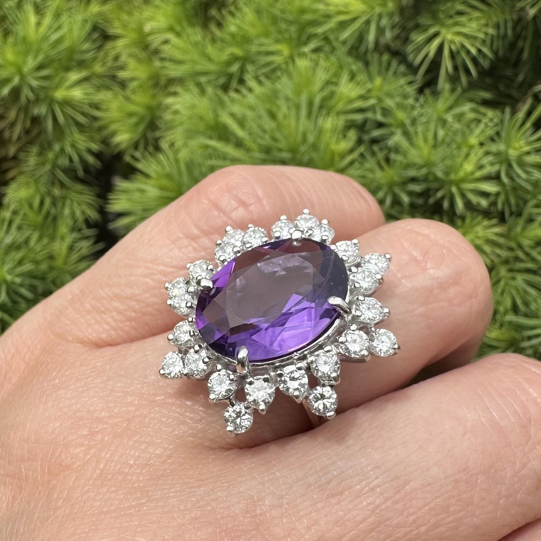 14k White Gold Amethyst Diamond Cocktail Ring Size 6