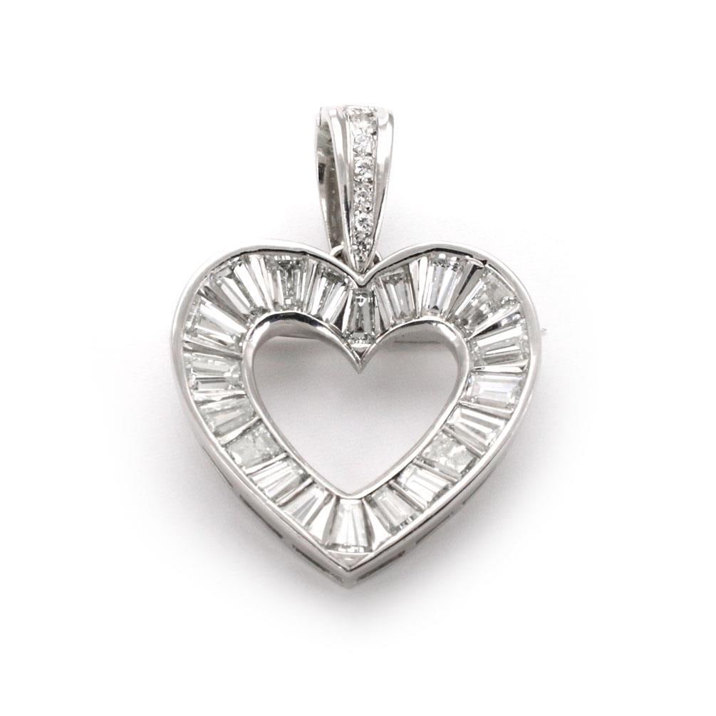 Platinum Heart Pendant Brooch 3 Carat Baguette Diamonds