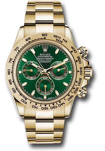 Rolex Daytona 116508 Oyster Bracelet Green Stick Dial White Card 2018: Rolex Daytona 116508 Oyster Bracelet Green Stick Dial White Card 2018 This is a Rolex Daytona watch, reference 116508, featuring a green stick dial and a fixed bezel. The timepiece is fitted with an O