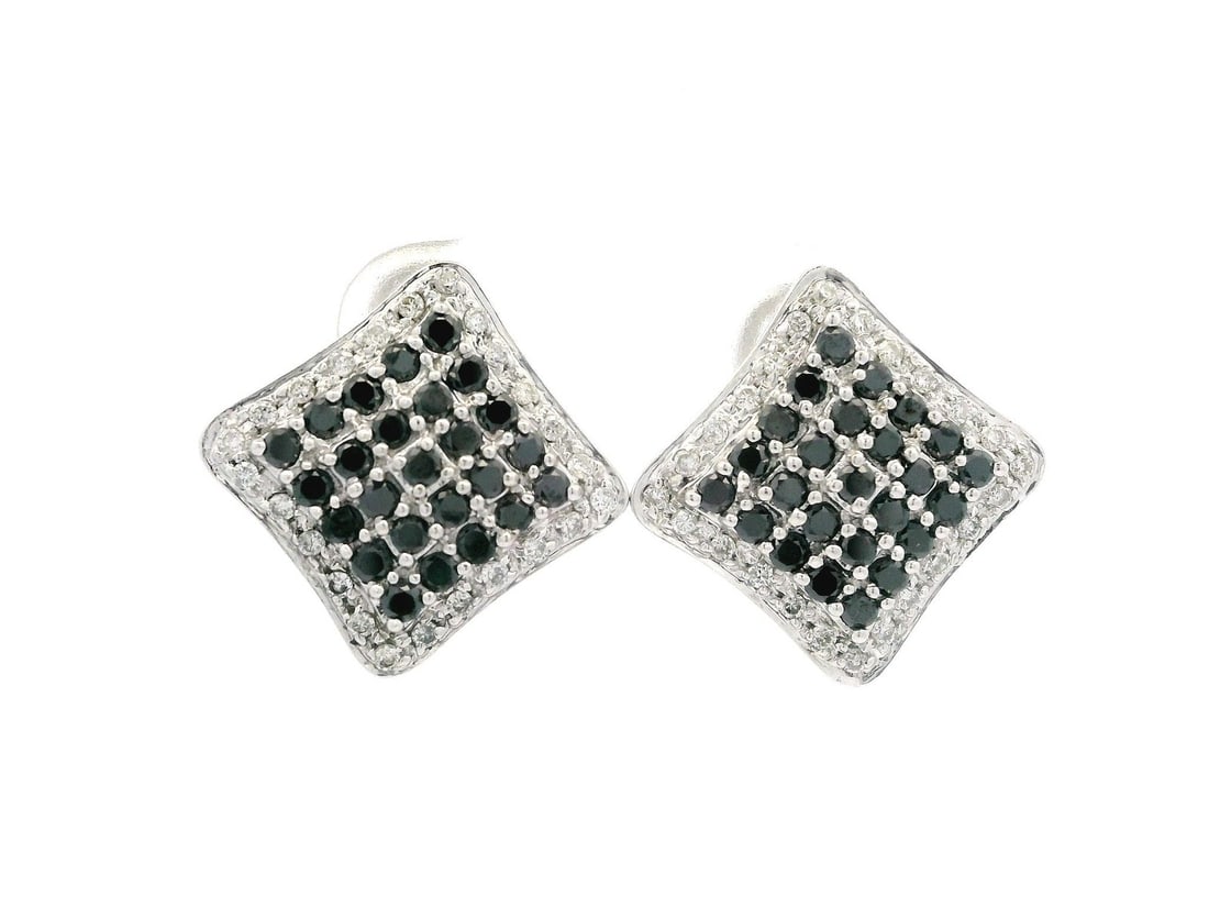 18k White Gold 1ct Black & White Diamond Drop Earrings: 18k White Gold 1ct Black & White Diamond Drop Earrings Enhance your elegance with these stunning 18k White Gold Drop Earrings featuring a unique flared lozenge shape. Each earring is adorned with a to