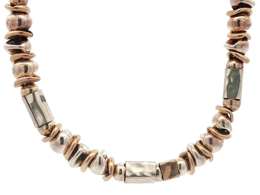 Sterling Silver Gold Filled Hammered Necklace 17in Unbranded: Sterling Silver Gold Filled Hammered Necklace 17in Unbranded This exquisite necklace features a unique combination of hammered finish square, round, and disc strung designs crafted from sterling silve