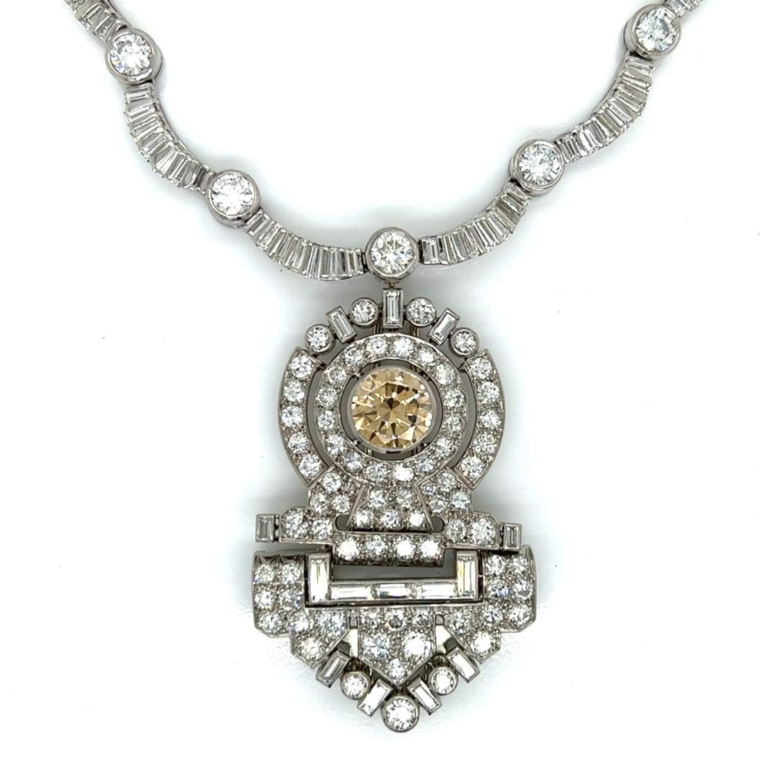 Art Deco French Platinum Necklace with 3.60 Ct Fancy Orange Brown Diamond