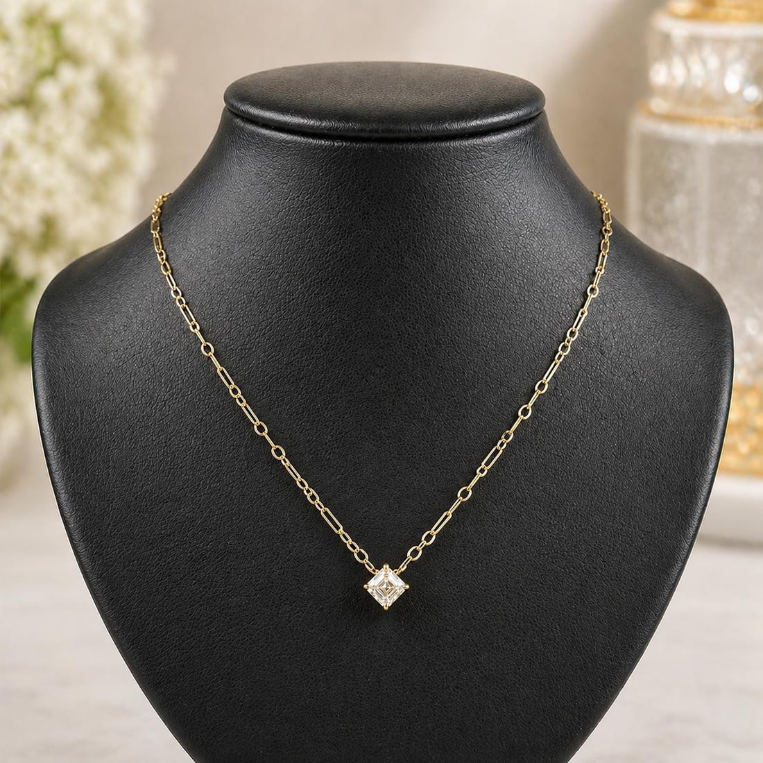 GIA Certified 1.5ct Asscher Diamond Pendant on 17.5 in Gold Chain: GIA Certified 1.5ct Asscher Diamond Pendant on 17.5 in Gold Chain This necklace features an antique open dainty link chain crafted from solid 13-14k yellow gold, measuring 17.5 inches in length and se
