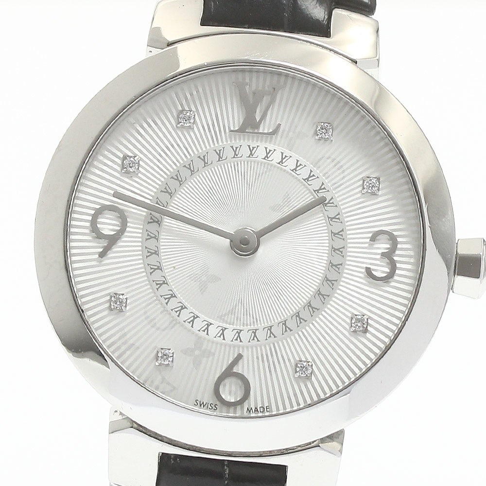 Louis Vuitton Tambour Slim Quartz Women's Stainless Steel Watch Q12MG: Louis Vuitton Tambour Slim Quartz Women's Stainless Steel Watch Q12MG This Louis Vuitton Tambour Slim Q12MG is a pre-owned women's wristwatch featuring a stainless steel case and a leather strap. The 