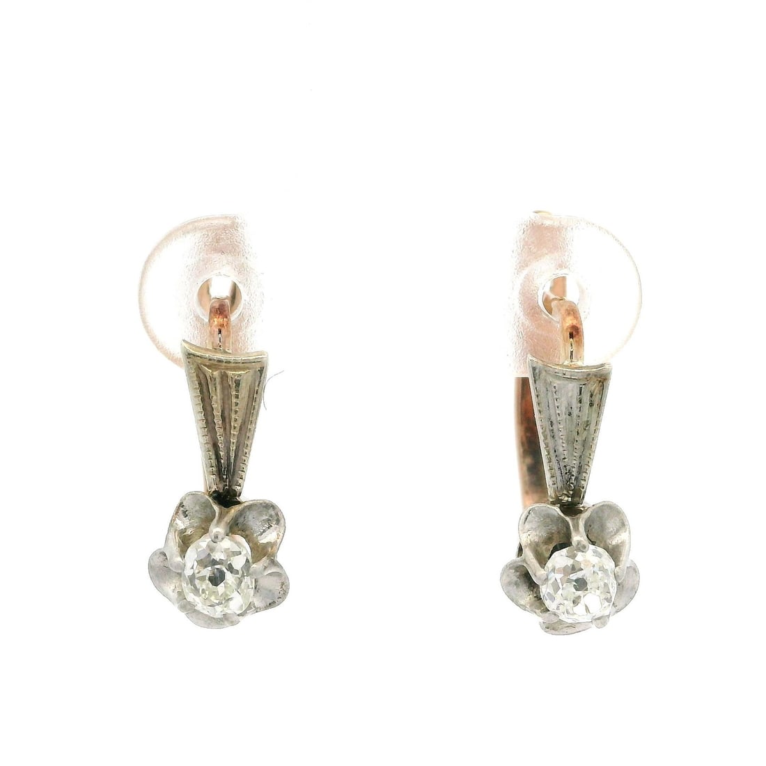 Antique 14k Gold Silver Floral Drop Earrings with 0.44ct Old Mine Cut Diamonds: Antique 14k Gold Silver Floral Drop Earrings with 0.44ct Old Mine Cut Diamonds These exquisite Antique 14k Gold & Silver Floral Drop Earrings showcase a stunning design featuring two natural old mine 