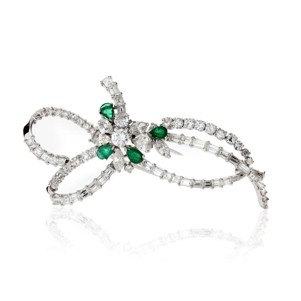 Vintage Platinum Bow Brooch with 8 Carat Diamonds and Emeralds