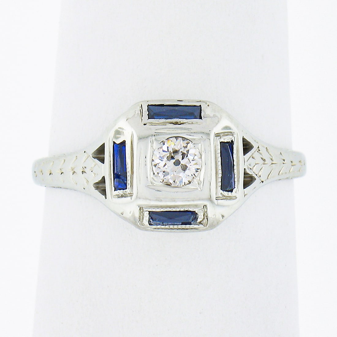 Antique Art Deco 18K White Gold Diamond Sapphire Engraved Ring