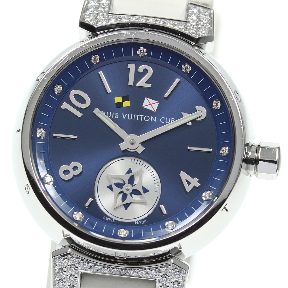 Louis Vuitton Tambour Lovely Cup Q12M4 Womens Quartz Diamond Watch: Louis Vuitton Tambour Lovely Cup Q12M4 Womens Quartz Diamond Watch Louis Vuitton Tambour Lovely Cup women's quartz wristwatch, with 12 diamond lugs. The watch is pre-owned and made in Switzerland. Spe