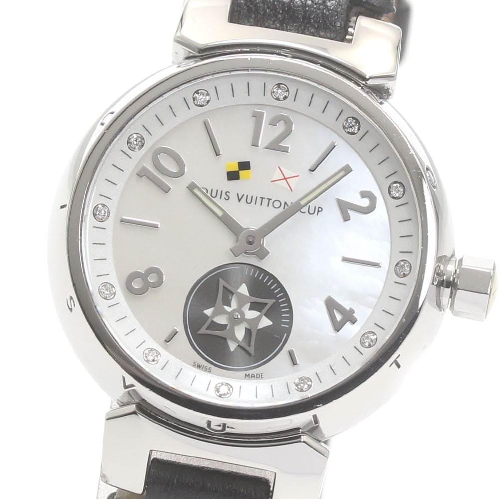 Louis Vuitton Tambour Lovely Cup quartz ladies wristwatch Q12M0: Louis Vuitton Tambour Lovely Cup quartz ladies wristwatch Q12M0 This Louis Vuitton Tambour Lovely Cup women's wristwatch features a stainless steel case paired with a white shell dial and a leather br