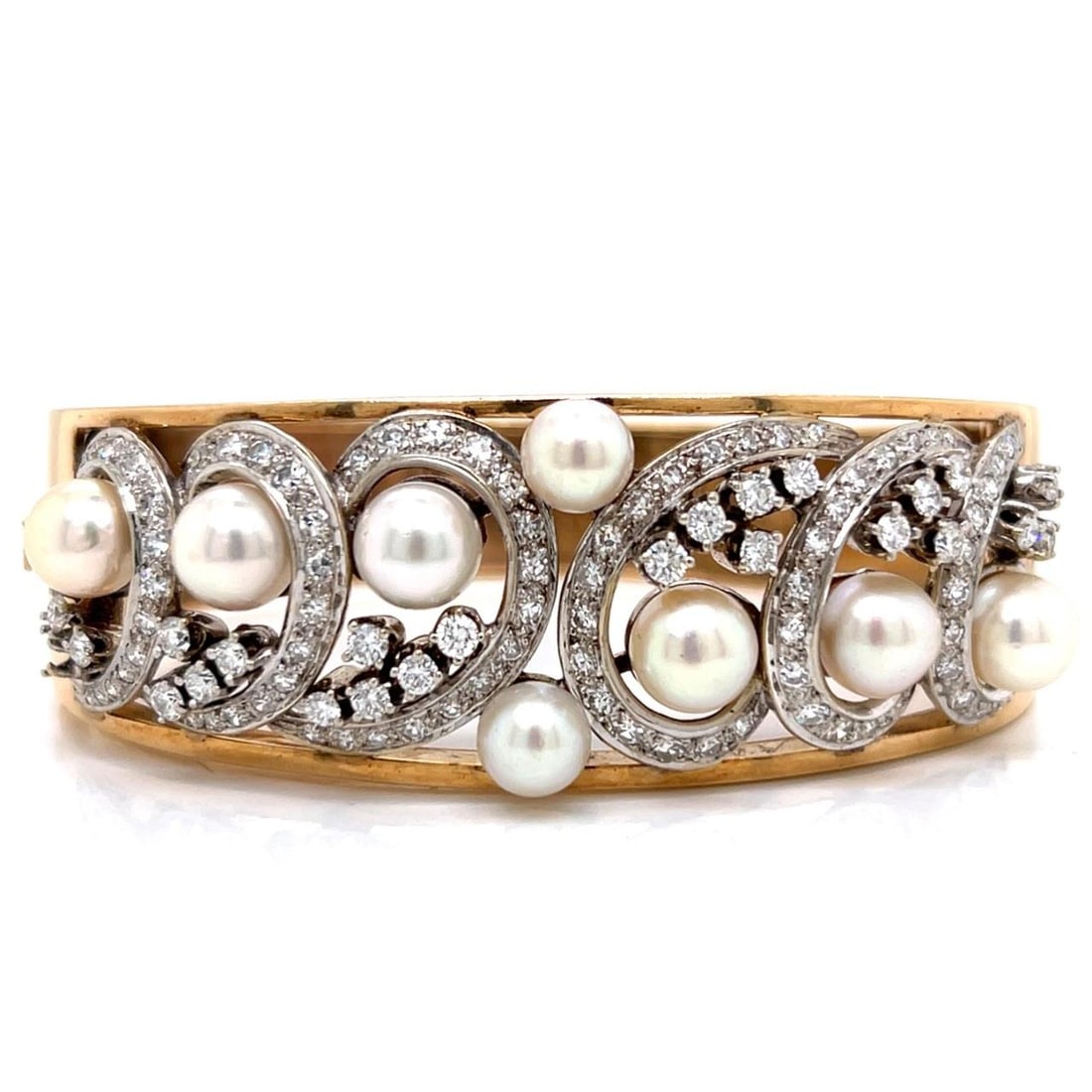 Art Deco 14K Yellow Gold Platinum Pearl Diamond Brooch 4.00 Ct