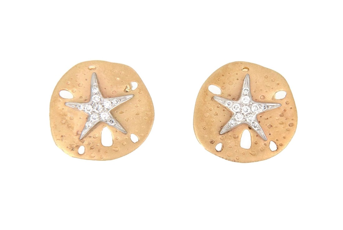 Diamond Starfish Stud Earrings in 14k Yellow and White Gold Pair: Diamond Starfish Stud Earrings in 14k Yellow and White Gold Pair Enhance your jewelry collection with these exquisite 14k Two Tone Gold Diamond Starfish Round Stud Earrings. Crafted from a harmonious 