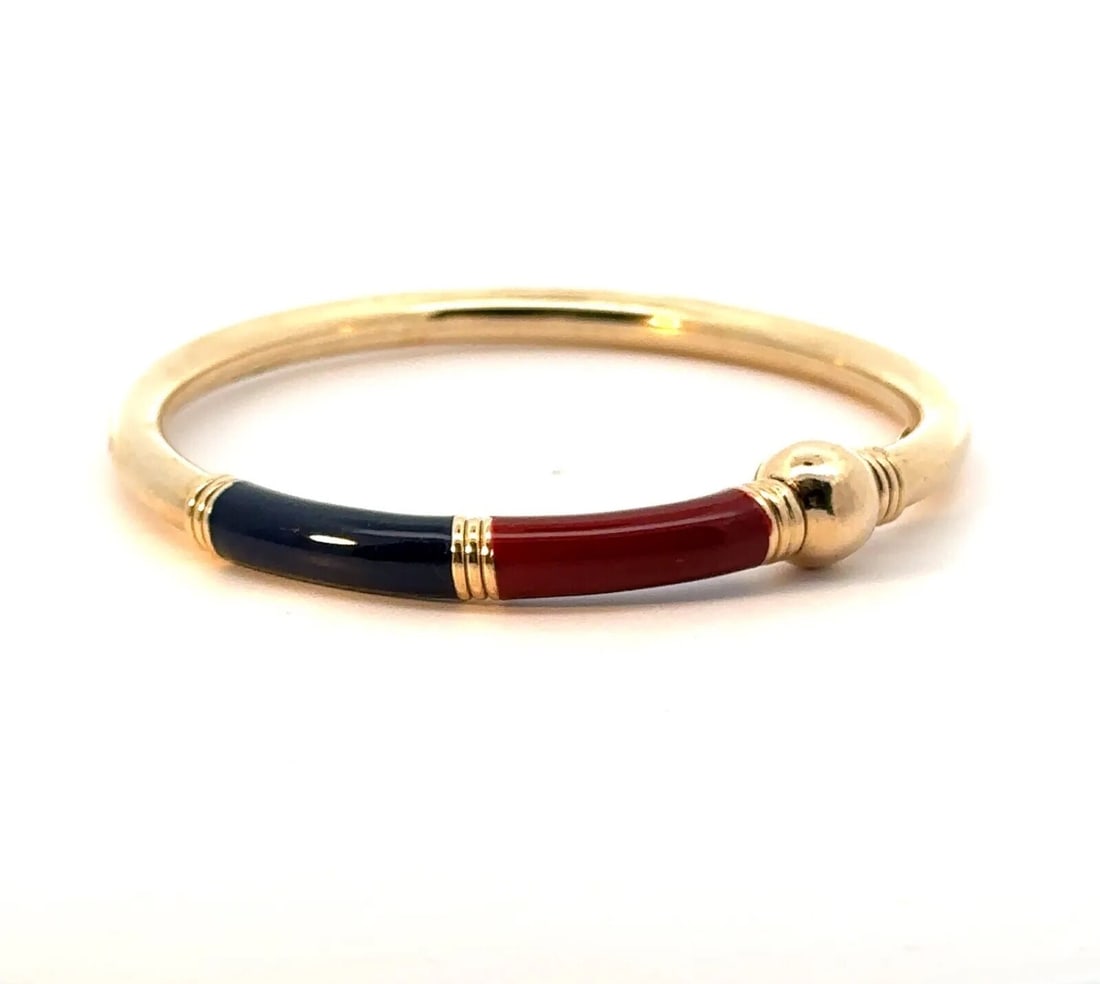 Italian 14k Yellow Gold Enamel Twist Clasp Bangle Bracelet Red Blue: Italian 14k Yellow Gold Enamel Twist Clasp Bangle Bracelet Red Blue This exquisite bangle bracelet features a stunning combination of red and blue enamel over solid 14k yellow gold, showcasing a beaut