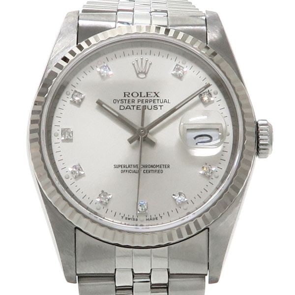 Rolex Datejust 36mm 16234G Diamond Dial Automatic Watch: Rolex Datejust 36mm 16234G Diamond Dial Automatic Watch This ROLEX Datejust 36mm model 16234G is a classic men's wristwatch featuring a stainless steel and white gold construction. The watch is an old