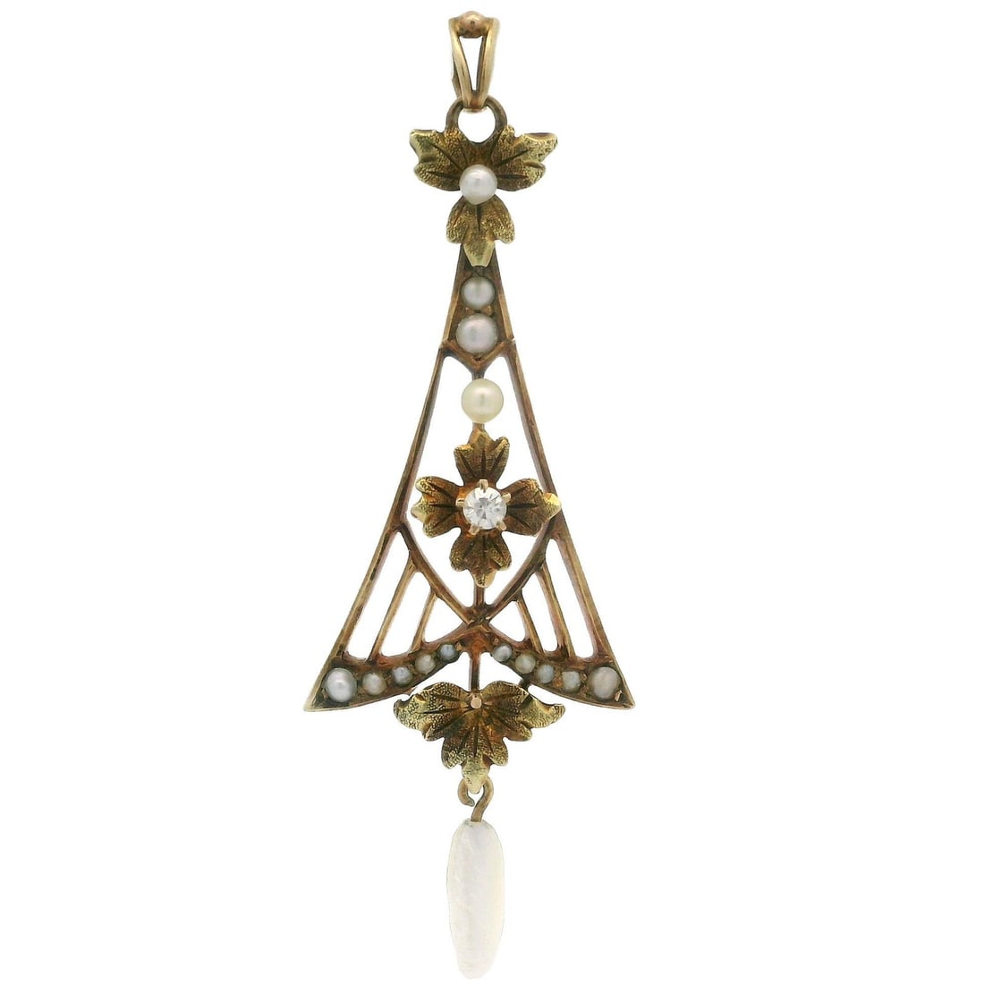 Antique 14K Yellow Gold Diamond Pearl Floral Lavalier Pendant: Antique 14K Yellow Gold Diamond Pearl Floral Lavalier Pendant This exquisite antique lavalier pendant showcases intricate floral work in a beautiful combination of yellow and green gold. It features a