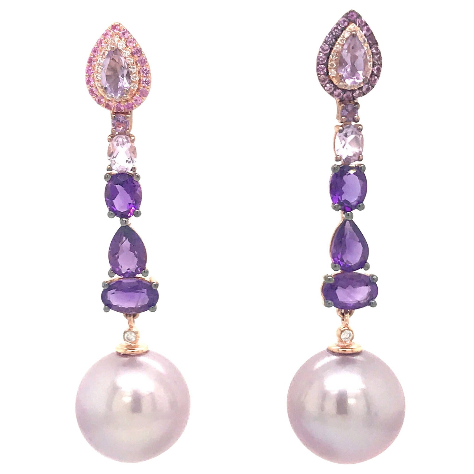 Harbor Diamonds 18K Rose Gold Drop Earrings with Amethyst Pink Sapphire and Freshwater Pearl: Harbor Diamonds 18K Rose Gold Drop Earrings with Amethyst Pink Sapphire and Freshwater Pearl Elevate your style with these stunning 18K rose gold drop earrings, crafted to perfection. Featuring a cont