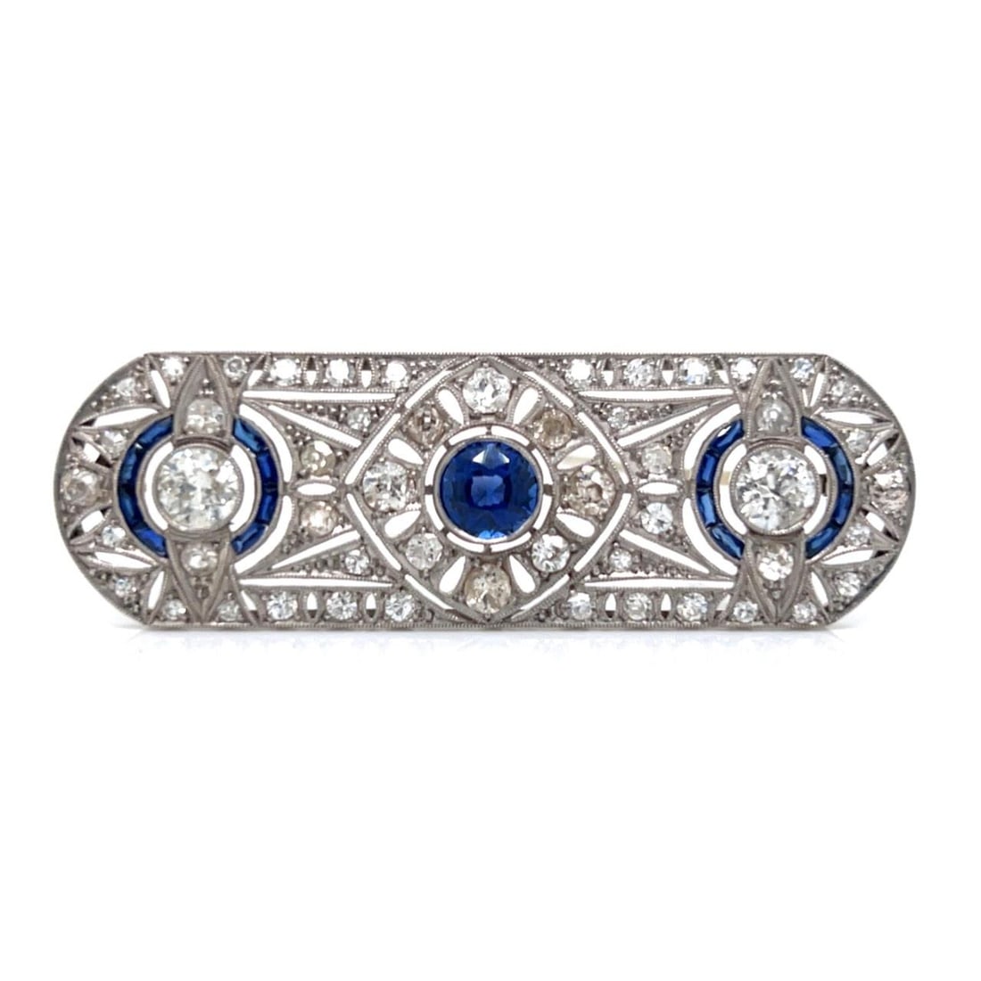 Platinum Brooch with Sapphire Center and European Cut Diamonds Art Deco Era