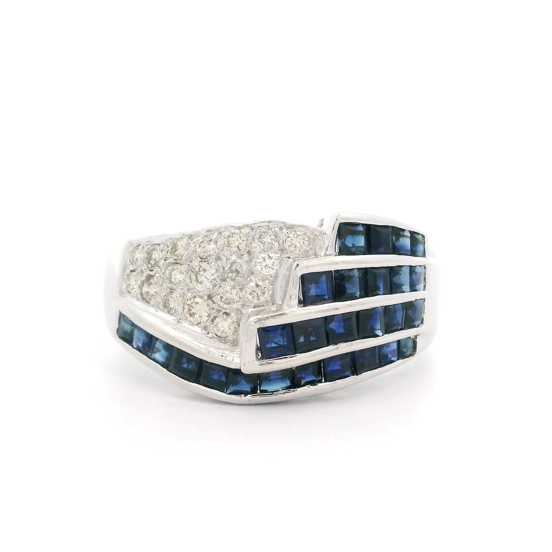 Vintage 18k White Gold Sapphire Diamond Wide Band Ring Size 9